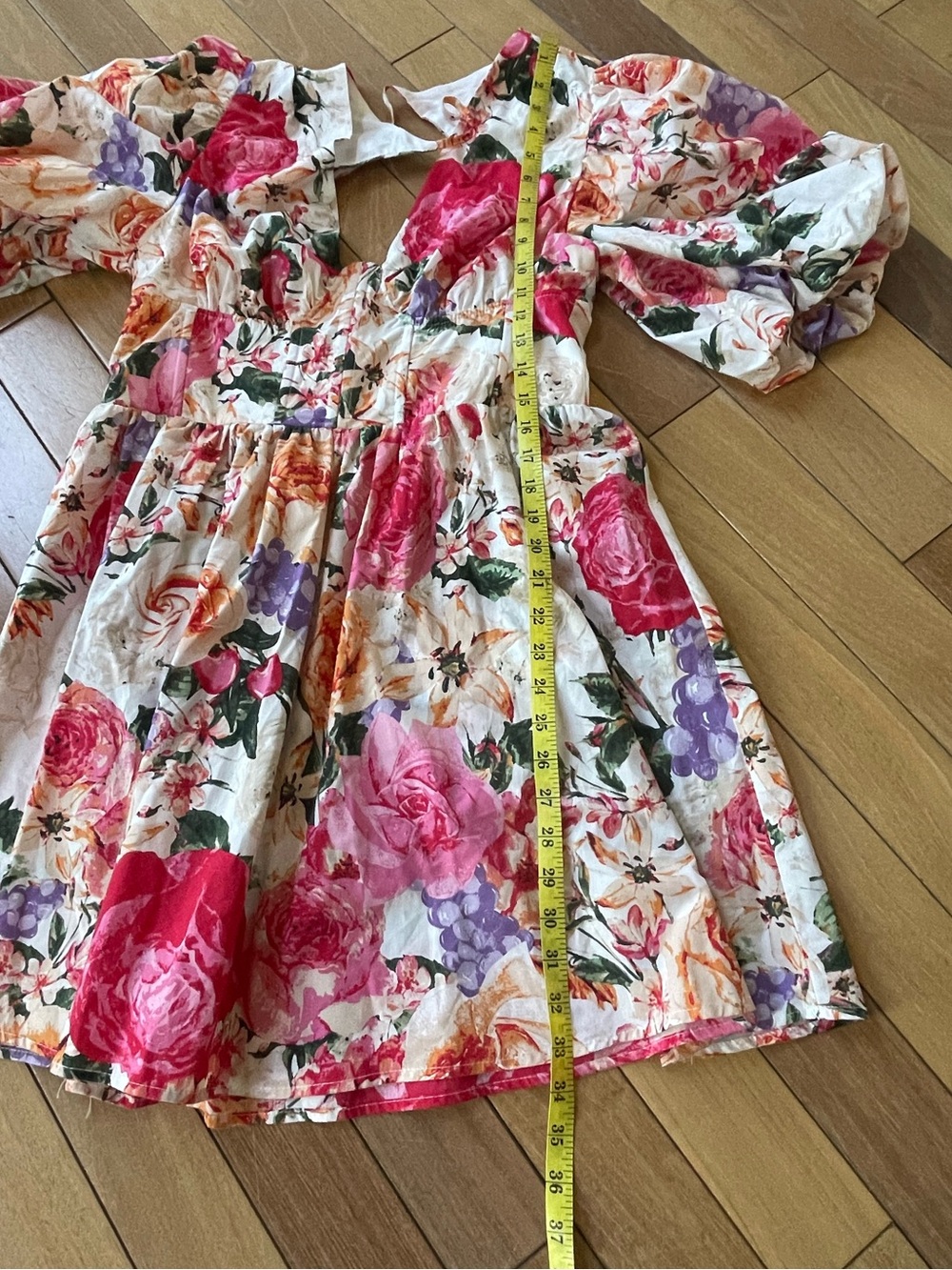 Buddy Love Floral Puff Sleeve Mini Dress L Cottagecore Scalloped Bust Boho - Picture 9 of 16
